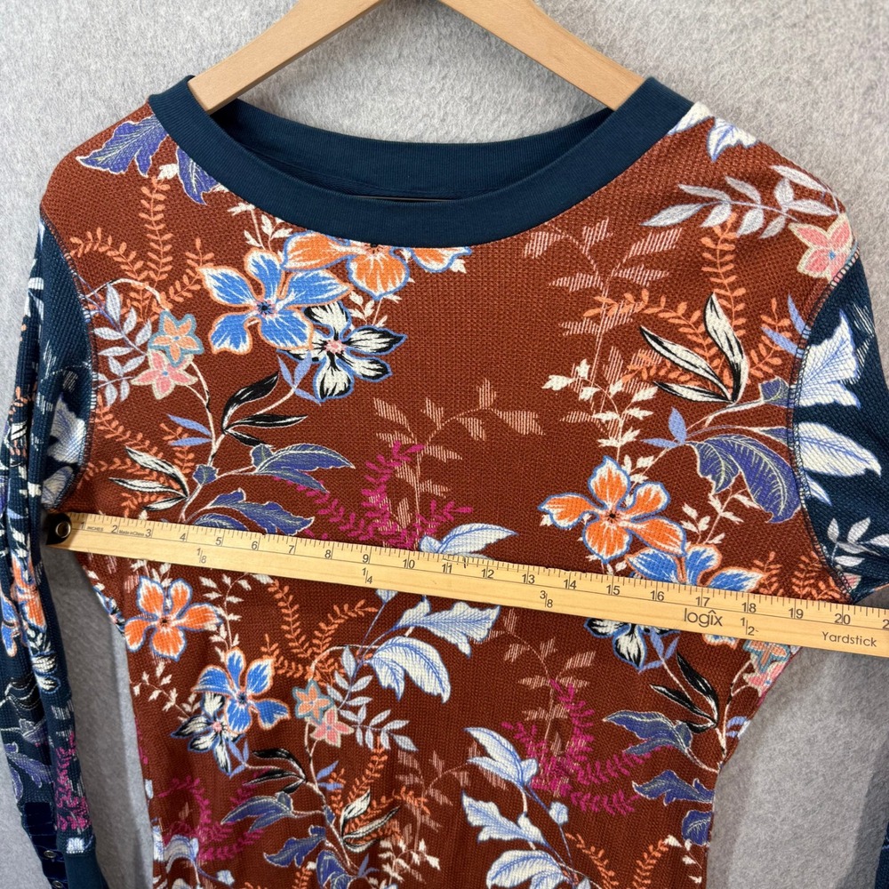 Sundance Floral Waffle Knit Thermal Top Rust Brown Velvet Button Cuff Large - Picture 3 of 7